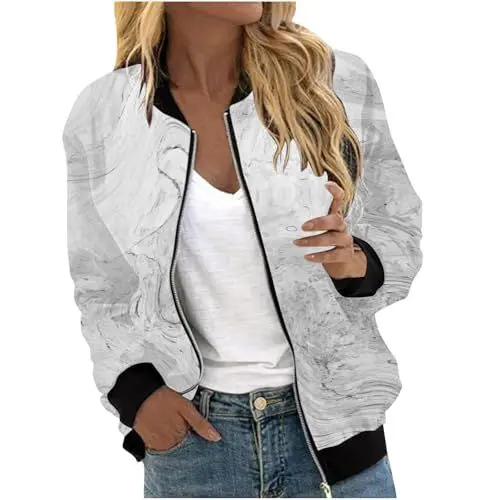 Produktbild: AIchenYW Bomberjacke Damen College Jacke mit Reißverschluss Leichte Jacke Dünne Übergangsjacke Elegant Fliegerjacke Lässig Outdoorjacke Leicht Bomberjacke Reißverschluss Sportjacke (White, S)