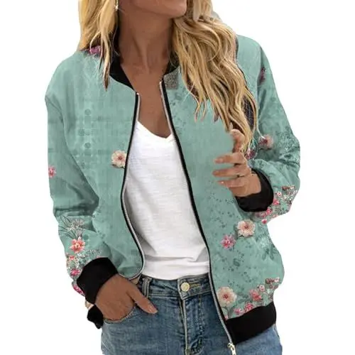 Produktbild: AIchenYW Damen Casual Langarm Pilotenjacke Langarm Fliegerjacke Kurz Outwear College Fliegerjacke Leichte Blouson Reißverschluss Bomberjacke Langarm Fliegerjacke Casual College Jacke (Mint Green, M)