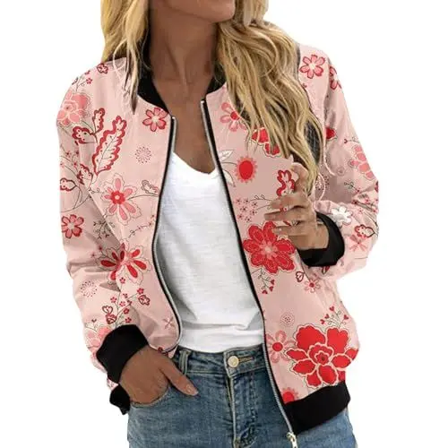 Produktbild: AIchenYW Damen Casual Langarm Pilotenjacke Langarm Fliegerjacke Reißverschluss Langarm Blouson College Jacke Blouson College Jacke Frühling Bomberjacke Mode Übergangsjacke (Wine, XL)