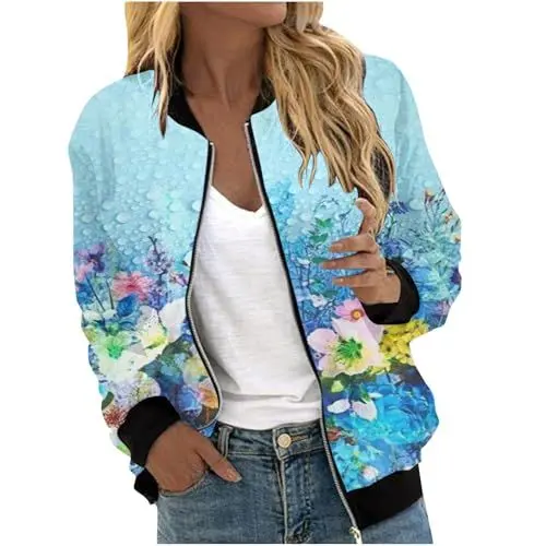 Produktbild: AIchenYW Damen Casual Langarm Pilotenjacke Langarm Fliegerjacke Reißverschluss Langarm Blouson Pilotenjacke Langarm Elegant Bomberjacke Frühling Bomberjacke Lässiger Mantel (White, XL)