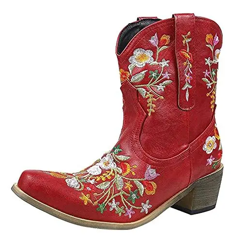 Produktbild: AIchenYW Damen Chelsea Boots Leder Blockabsatz Stiefel Stiefel for Damen Comfortable Stretch Stiefel Winter Warm Wasserdicht Mittelhoher Stiefel Schuhe Casual Round Toe Retro Short Schuhe (Red, 41)