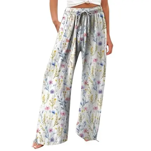 Produktbild: AIchenYW Leichte Sommerhose Damen Leinenhose Weites Bein Lange Freizeithose Leicht Trainingshose Sommer Leichte Stoffhose Bequeme Luftige Sommerhosen Lockere Weite Sommerhose (White, L)