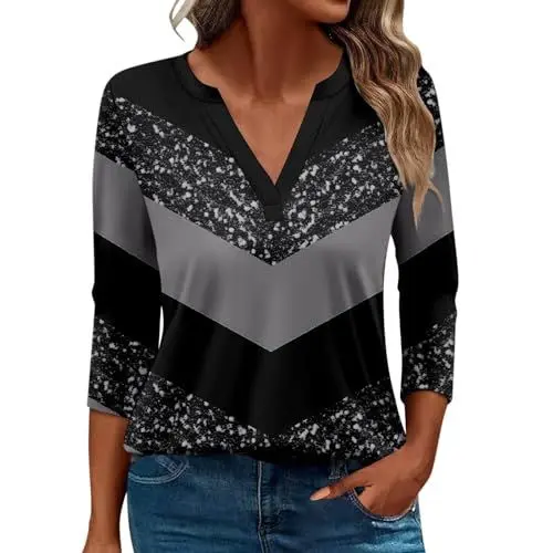 Produktbild: AIchenYW T Shirt Damen 3/4 Arm Oberteile Tops Bunte Druck Basic Elegant Oberteile Langarm Casual T-Shirt Casual Shirt Basic Leinenbluse Lockere Bequem Langarm Bluse Langarm Hemden (Grey, M)