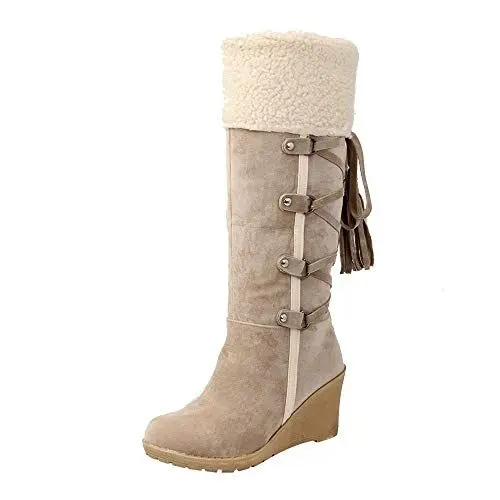 Produktbild: AIchenYW Winterstiefel Damen rutschfeste Schneestiefel Women 's After Sanding mit Quasten High Boot Ärmeln Keils Schneestiefel Damen Boots Kniehoch Langschaft Blockabsatz (Beige, 38)
