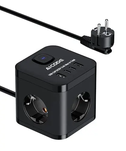 Produktbild: AICODE Steckdosenwürfel 3-Fach 3680W mit 4 USB (2X USB-C) & Kindersicherung - Mehrfachsteckdose mit Schalter, 2m Verlängerungskabel, kompakt & tragbar für Zuhause, Büro, Reisen - schwarz