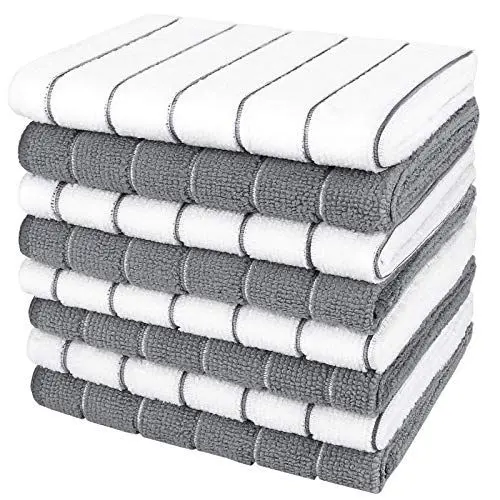 Produktbild: AIDEA Microfaser Geschirrtücher Handtücher Küchentücher 8 Stück, Reinigungstücher Spüllappen Putztücher Spültücher, Weiche Super Saugfähige und Fussel Freie Küchentücher, Gestreift, 30x30cm
