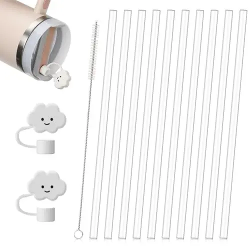 Produktbild: Aieve 10 Stk. Trinkhalme Set kompatibel mit Stanley Quencher H2.0 1,2L FlowState Trinkflasche Strohhalm Ersatz mit 6 Abdeckung/Reinigungsbürste Zubehör 31cm für Reisebecher Cup 40 oz (Weiß)