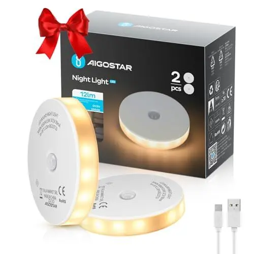 Produktbild: Aigostar 2 Stück Nachtlicht LED mit Bewegungsmelder, Nachtlampe mit 2 Farbtemperaturen, Selbsthaftende Schrankbeleuchtung Aufladbar USB mit Magnetstreifen für Kinderzimmer, Schlafzimmer, Flur, Küche