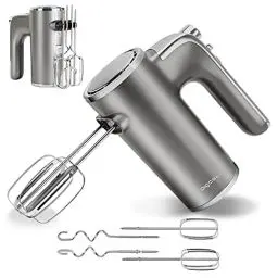 Produktbild: Aigostar Adela - Handmixer Elektrischer, 400 W Ultra Power Mixer Handrührer mit 1 Aufbewahrungshalterung, 5 Geschwindigkeiten, Turbo Boost, 2 Schneebesen und 2 Knethaken, für Eier, Teig, Kuchen.