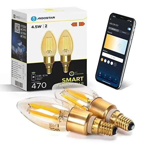 Produktbild: Aigostar Alexa Glühbirne E14 Edison Glühbirne 4.5W 470LM Dimmbare Retroglühbirnen C35 Smart Lampe Wlan Dimmbar 2700K-6500K App Steuern Kompatibel mit Alexa und Google Assistant. Bernstein 2 Stück