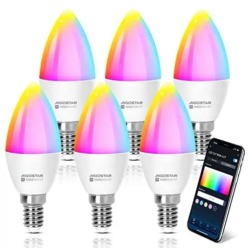 Produktbild: Aigostar Alexa Glühbirne E14 SL2 Smart Lampe 6.5W WLAN Lampe LED RGBCW 2700-6500K Dimmbare, Mit Musik synchronisieren, App Steuern Kompatibel mit Alexa/Google Home, Kein Hub notwendig, 6 Stücke.