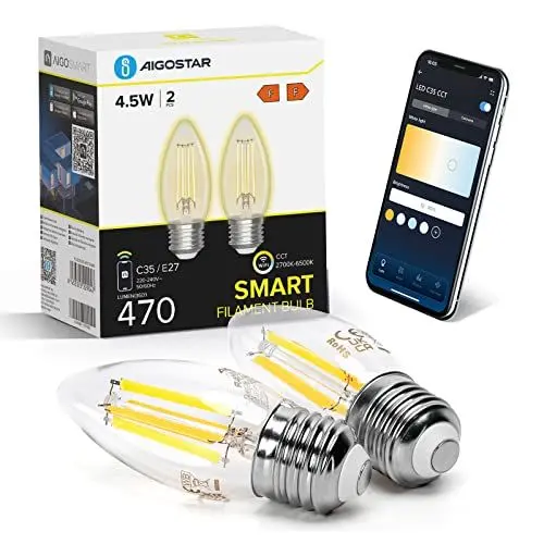 Produktbild: Aigostar Alexa Glühbirne E27 Edison Glühbirne 4.5W 470LM Dimmbare Retroglühbirnen C35 Smart Lampe Wlan Dimmbar 2700K-6500K App Steuern Kompatibel mit Alexa und Google Assistant. Transparent 2 Stück