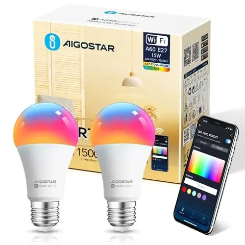 Produktbild: Aigostar Alexa WLAN Glühbirne E27 SL2 Smart Lampe 15W 1500ML (Équivalent 98W), Wifi Lampe LED RGB 2700-6500K Dimmbare, Mit Musik synchronisieren, mit Alexa/Google Home, Kein Hub notwendig, 2 Stück