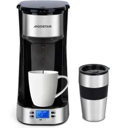 Produktbild: Aigostar Coffey - Kaffeemaschine mit Thermobecher, 420 ml Filterkaffeemaschine Mit 24h-Timer, LCD-Anzeige, AutoClean-Funktion, Tragbare klein Kaffeemaschine für gemahlenen Kaffee, 700W, Schwarz