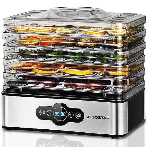 Produktbild: Aigostar Crispy - Dörrautomat, Dörrgerät mit Temperaturregler, 240W, 35-70°C, 99h-Timer, 5 Einlegefächer, Dörrautomat Edelstahl für Fleisch, Obst, Gemüse, Dehydrator - BPA frei