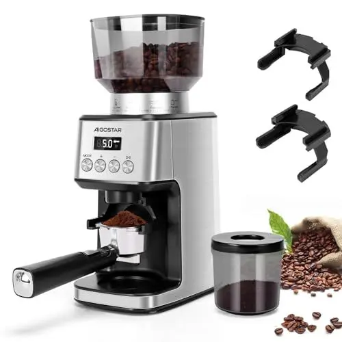Produktbild: Aigostar Elektrisch Kaffeemühle mit 52 Mahleinstellungen, Kegelmahlwerk Geeignet für Espresso, Professionelle Elektrische Kaffeemühle mit Präzisem Digital Display, Edelstahl Coffee Grinder, Silber