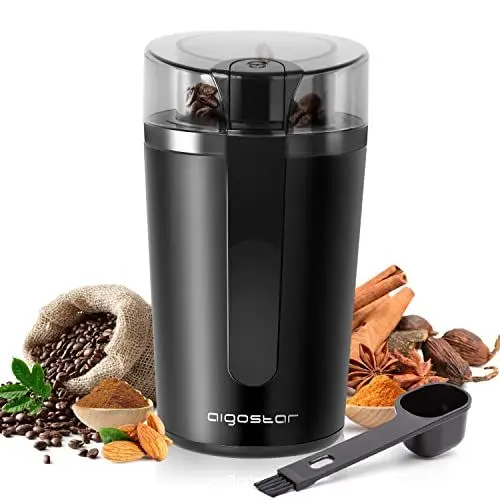 Produktbild: Aigostar Elektrische Kaffeemühle Mahlgrad Einstellbar BPA Frei Caffe Grinder Mixer Mühle Zerkleinerer für Kaffeebohne Leinsamen Nuss Gewürze Getreide 60g 200W