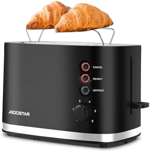 Produktbild: Aigostar Energy - Toaster 2 Scheiben mit Brötchenaufsatz, extra breite Toastschlitze & Brotzentrierung, 6 Bräunungsstufen, Abbruch-, Auftau- & Aufwärmfunktionen, Krümelschublade, 800W, Schwarz