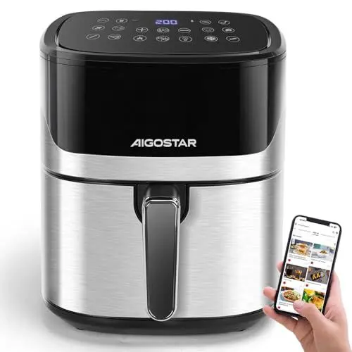 Produktbild: Aigostar Heißluftfritteuse 6,5L, Airfryer XXL, 1600W Friteuse ohne Öl, 10 voreingestellte Programme, beleuchtetes Sichtfenster, Digitales Display, Timer, 80-200°C, intelligentes Vorheizen, Auftauen