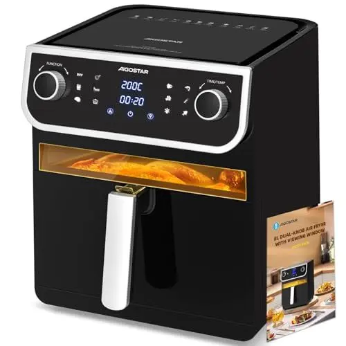 Produktbild: Aigostar Heißluftfritteuse 8L, Airfryer, 12-in-1 Kochvorgaben. LED-Touchscreen, Doppelknöpfe. Sichtfenster, ohne Öl, Energiesparend, Spülmaschinenfeste Körbe, 1700W