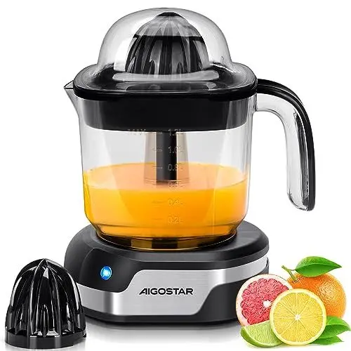 Produktbild: Aigostar Juicy - Elektrische Zitruspresse, 1,2L Großes Volumen, Saftpresse mit LED-Arbeitslampe und 2 abnehmbaren Kegeln, Zitronenpresse für Orange Zitrone Limette Grapefruit, Spülmaschinenfest，40 W