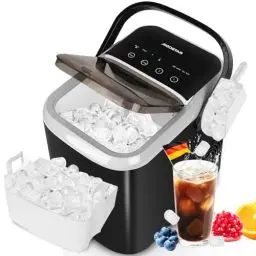 Produktbild: Aigostar Klein Eiswürfelmaschine 1,5L, 130W Doppeldeckel Eiswürfel Maschine, 9 Eiswürfel in 6 Mins, 14kg/24h, 2 Eiswürfel Größen, Selbstreinigend Ice Maker, Eisbehälter voll & Wassermangelwarnung
