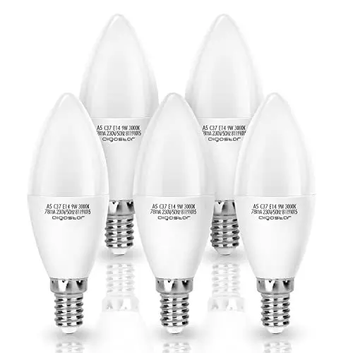 Produktbild: Aigostar LED Glühbirne E14 9W (Ersetzt 62W Birne), Warmweiß 3000K, 840 Lumen, Abstrahlwinkel 260 Grad, Leuchtmittel E14 C37, 5 Stück