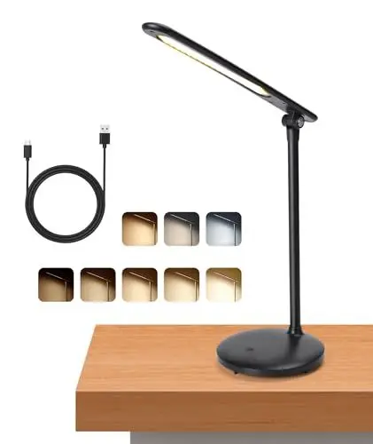 Produktbild: Aigostar schreibtischlampe LED, desk lamp kinder dimmbar, 3 modi, 5 helligkeitsstufen, tischlampe flexibel und faltbar, 100cm USB-C kabel, speicherfunktion, touch-steuerung, typ-C-anschluss, schwarz