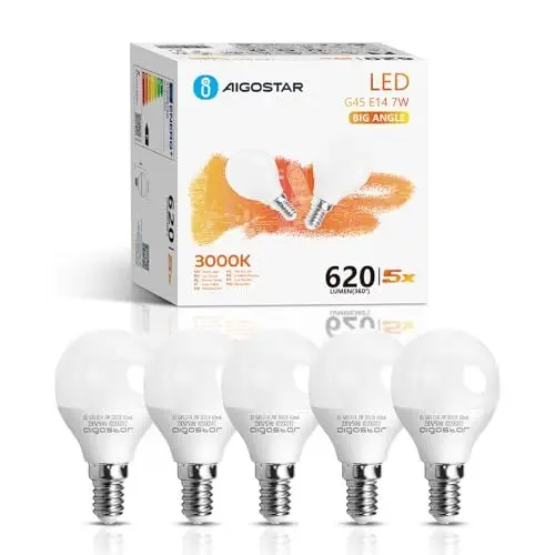 Produktbild: Aigostar Led E14 Warmweiß 7W Leuchtmittel Lampe Glühbirnen 3000K 620 Lumen Abstrahlwinkel 180 Grad Energiesparend, Multipack mit 5 Lampen