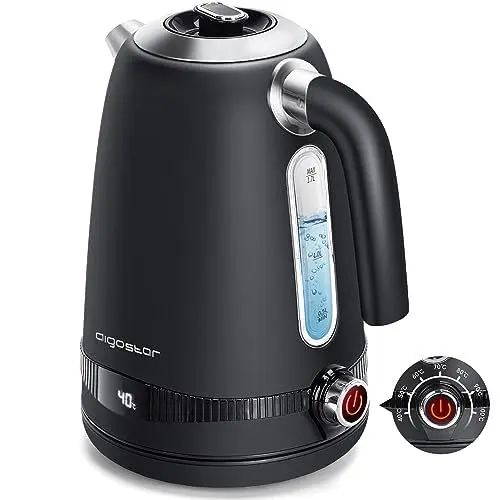 Produktbild: Aigostar Loki - Digitaler Edelstahl Wasserkocher mit Temperatureinstellung 40-100 Grad, Temperaturanzeige, Warmhaltefunktion, 1,7 Liter 2200W Electric Kettle Retro Teekocher, Schwarz