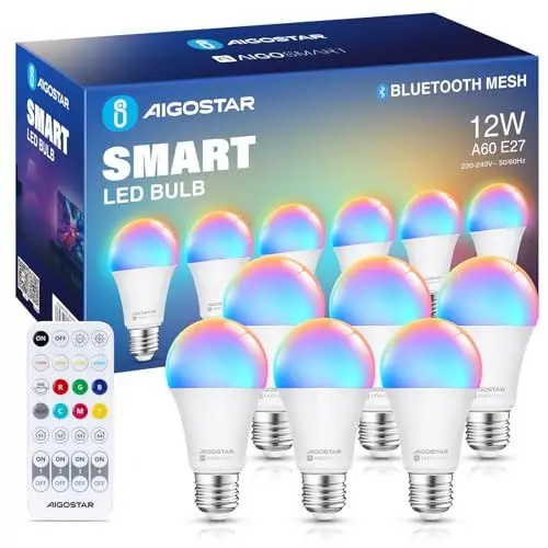 Produktbild: Aigostar Mesh - 12W Alexa Glühbirne Bluetooth Mesh A60, Smarte Glühbirne Funktioniert mit Alexa, Smart Bulb E27 LED 1150LM RGB & 2700K-6500K, 6 Stücke (mit Bluetooth-Fernbedienung)