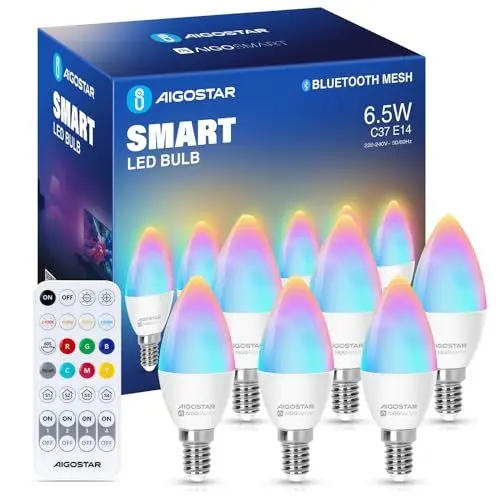 Produktbild: Aigostar Mesh - 6.5W C37 Alexa Glühbirne Bluetooth Mesh, Smarte Glühbirne Funktioniert mit Alexa, Smart Bulb E14 Kerze LED 555LM RGB & 2700K-6500K, 6 Stücke (mit Bluetooth-Fernbedienung)