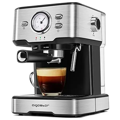 Produktbild: Aigostar Murphy - Espressomaschine mit Siebträger, 15 Bar Espresso und Cappuccino Maschine mit Milchaufschäumerstab, Espresso kaffeemaschine für Cappuccino und Latte, Doppelauslauf, 1,5 L, Edelstahl