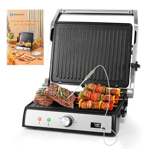 Produktbild: Aigostar Panini Grill, Sandwichtoaster mit Lebensmittel-Sonde, Kontaktgrill, Herausnehmbaren Antihaft-Platten, 2000W, Automatischer Temperaturregelung, 180° Flach Aufklappbar, Max Pro