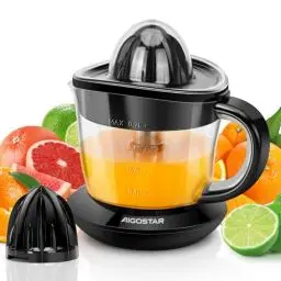 Produktbild: Aigostar Saftpresse Elektrisch 2 Kegel, Orangenpresse 40 Watt, Zitruspresse 0.7 Liter, 2 Drehrichtungen, Hohe Saftausbeute, Tropfsicherer Auslauf, BPA-frei