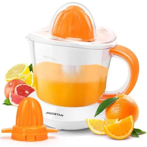 Produktbild: Aigostar Saftpresse Elektrisch 2 Kegel, Zitronenpresse 40 W, Orangenpresse 0.7 Liter, 2 Drehrichtungen, Zitruspresse Elektrisch 2 Kegel, Tropfsicherer Auslauf, BPA-frei, Weiß, Nia