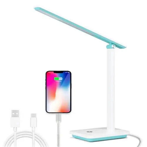 Produktbild: Aigostar schreibtischlampe LED dimmbar, faltbare kinder tischlampe, 3 modi, 4 helligkeitsstufen, usb und typ-c anschlüsse, 100cm USB-C kabel, speicherfunktion, touch-steuerung, weiß grün