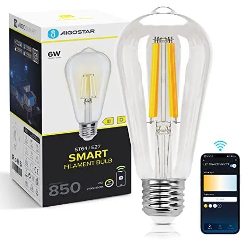 Produktbild: Aigostar Smart Lampe E27 Alexa Glühbirne 6W 850LM Edison Glühbirnen Dimmbare ST64 Retro Glühbirne Dimmbar 2700K-6500K， App Steuern Kompatibel mit Alexa und Google Assistant. Transparent 1 Stück