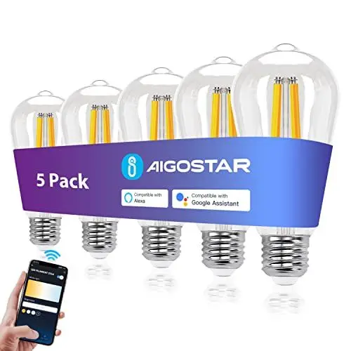 Produktbild: Aigostar Smart Lampe E27 Alexa Glühbirne 6W 850LM Edison Glühbirnen Dimmbare ST64 Retro Glühbirne Dimmbar 2700K-6500K， App Steuern Kompatibel mit Alexa und Google Assistant. Transparent 5 Stück