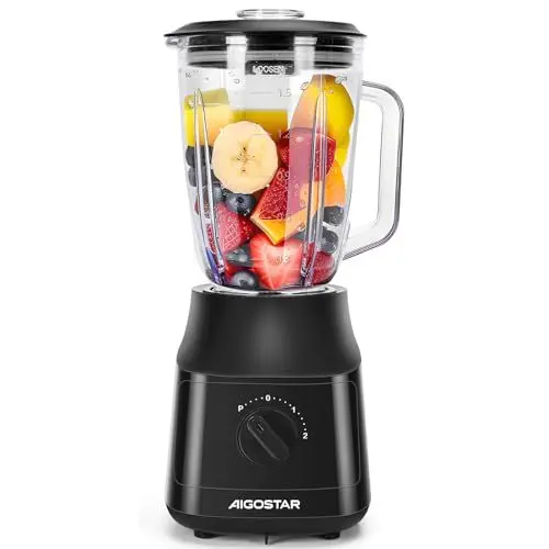 Produktbild: Aigostar Standmixer und Smoothie Maker, 1.5 Liter Glasbehälter, Titanbeschichteten Klingen,Ice Crush Funktion, 2 Geschwindigkeiten + Pulse, Spülmaschinenfeste Teile,800W, Schwarz. Swift.
