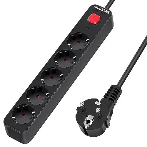 Produktbild: Aigostar Steckdosenleiste 5 fach mit Schalter, Mehrfachsteckdose mit Kindersicherung, Verteilersteckdose mit 3 m Kabel, Schwarz