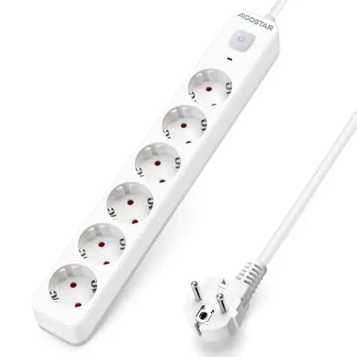 Produktbild: Aigostar Steckdosenleiste 6 fach mit Schalter, Mehrfachsteckdose mit Kindersicherung, Verteilersteckdose mit 3 m Kabel