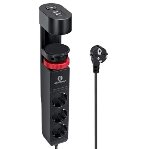 Produktbild: Aigostar Tischsteckdose 3-Fach mit Schalter, Steckdosenleiste mit Tischclip, Steckerleiste mit 3 USB, 6 in 1 Mehrfachsteckdose,1.4M Kabel, Schwarz