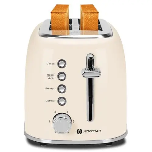 Produktbild: Aigostar Toaster 2 Scheiben, Retro Edelstahl Creme, 4 Funktionen (Bagel/Auftauen/Aufwärmen/Abbrechen), Extra Breite Toastschlitze, 6 Bräunungsstufen, Liftfunktion, 800W. Retro Cream