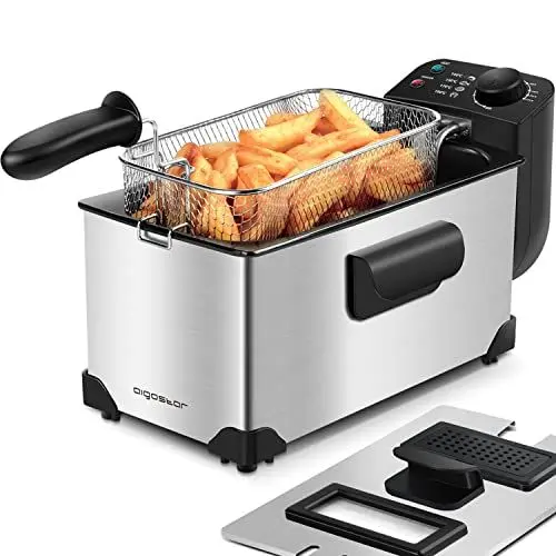 Produktbild: Aigostar Ushas - Fritteuse 3L, 2200 W, Transparenter Deckel, Herausnehmbare Innenpfanne, Einstellbarer Thermostat, Wedelstahl, BPA-frei