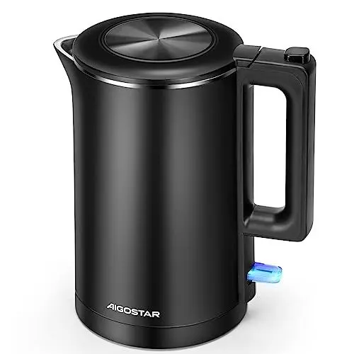 Produktbild: Aigostar - Edelstahl Wasserkocher, 1,8 Liter Doppelwand Design, Edelstahl Wasserkessel mit Automatischer Abschaltung, 2200W, Überhitzungsschutz, Schnellkochfunktion, BPA frei, leise, schwarz