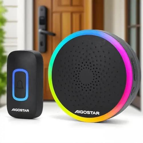 Produktbild: Aigostar funkklingel mit RGB Licht, türklingel funk IP55 Wasserdicht Außen Haustürklingel Set, 5 Lautstärkestufen, 60 Melodien, 150m Reichweite, 1 Klingeltaster & 1 Empfänger, Schwarz