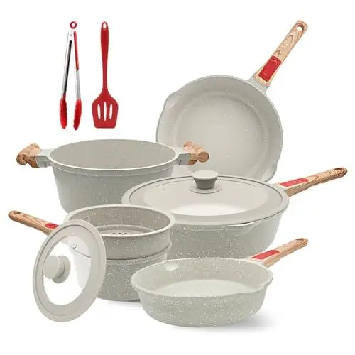 Produktbild: AIKENBBKK Topf und Pfannenset 10-Teilig, Pfanne mit Deckel 20cm, 24cm, 28cm, Stielkasserolle 18cm+ Dampfer, Topf 4.7L, Antihaft Bratpfanne Kochgeschirr-Set mit Abnehmbarer Griff (Weiß)