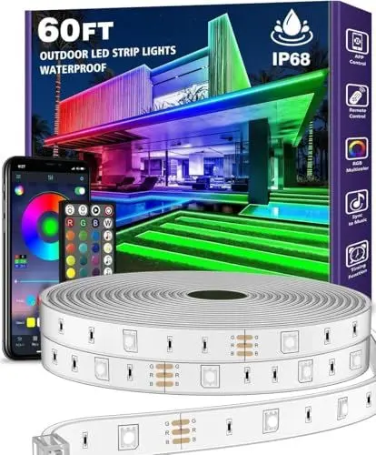 Produktbild: AILBTON 18M Outdoor LED Streifenleuchte wasserdicht,IP68 Außen LED Lichtband wasserfest mit App-Fernsteuerung,Musik Synchronisation RGB Outside Lichterkette für Balkon,Terrasse,Dach,Garten,Pool