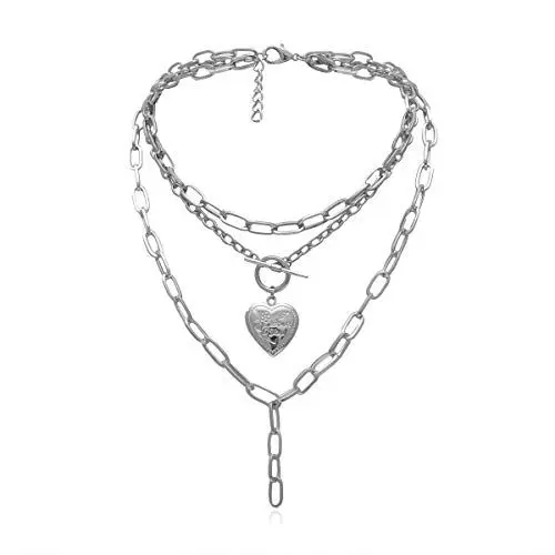 Produktbild: AILUOR Cool Punk Chunky Kette Erklärung Halskette für Frauen Mädchen Herzförmige Foto Medaillon Anhänger Layered Choker Halskette Schmuck (Silber)